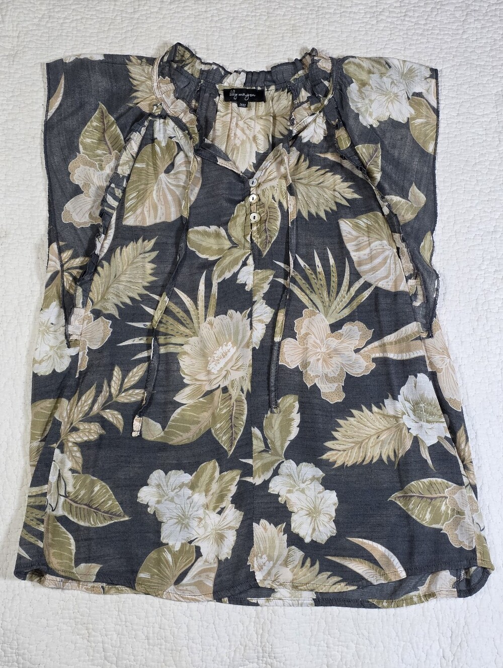 Lily Morgan Floral Sleeveless Ruffle Neck Blouse in Charcoal  Gray and Green